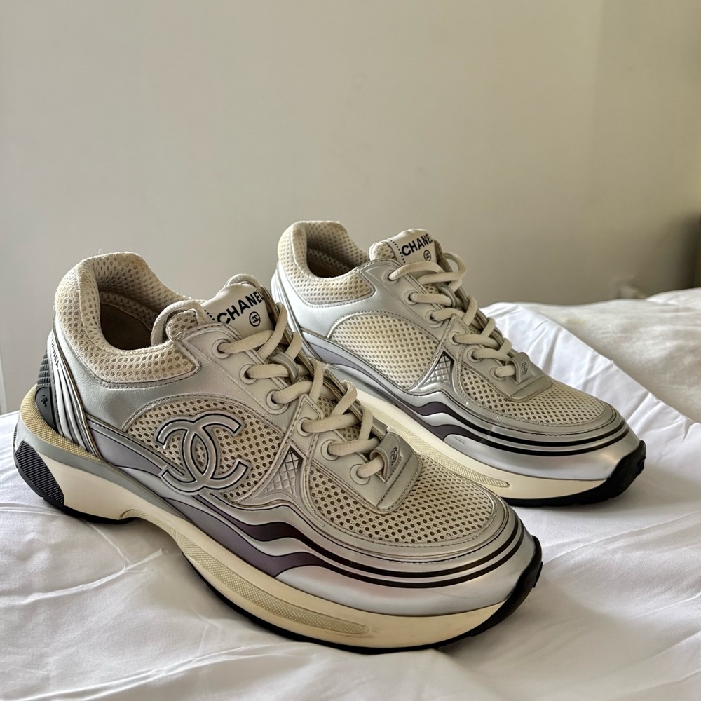 Chanel CC Logo Sneaker “White Silver” — Women’s Designer Sneakers, Gently Used